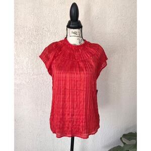 Nanette Lepore Short Cap Sleeve Blouse S Striped Metallic Ruffle Neck Orange Red